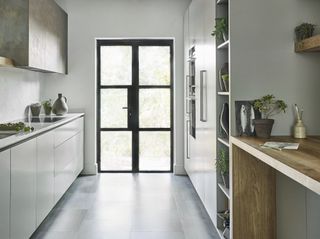 modern narrow white kitchen with storage, black crittel doors