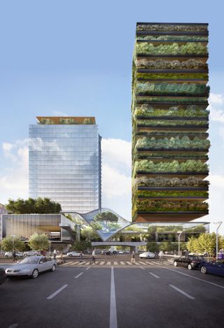 An eco-friendly building, made out of a wood structure and filled with green spaces on each floor.