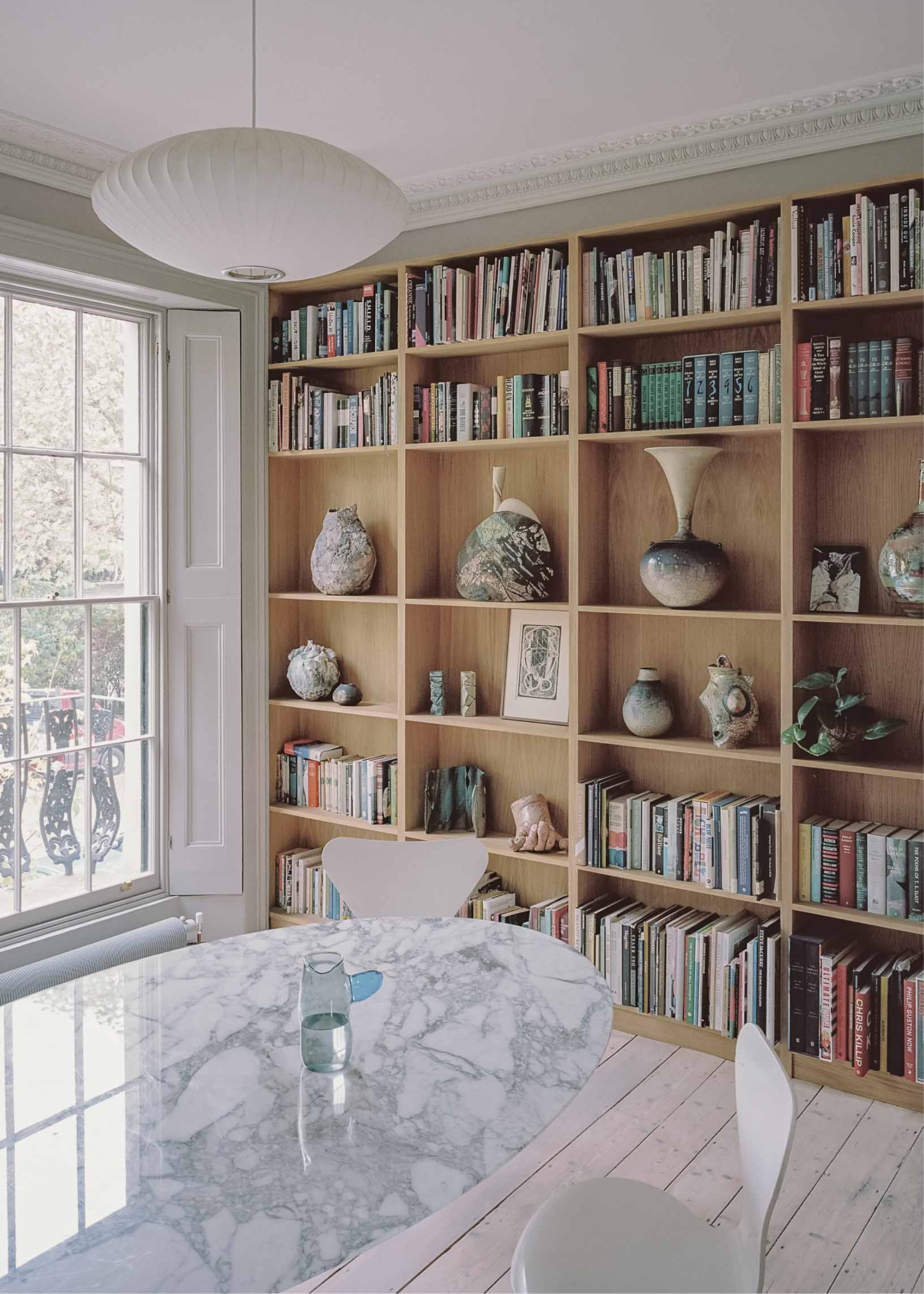 built in oak bookshelves in a renovated georgian townhouse