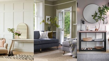 three images of entryways to show how to create an entryway in a living room