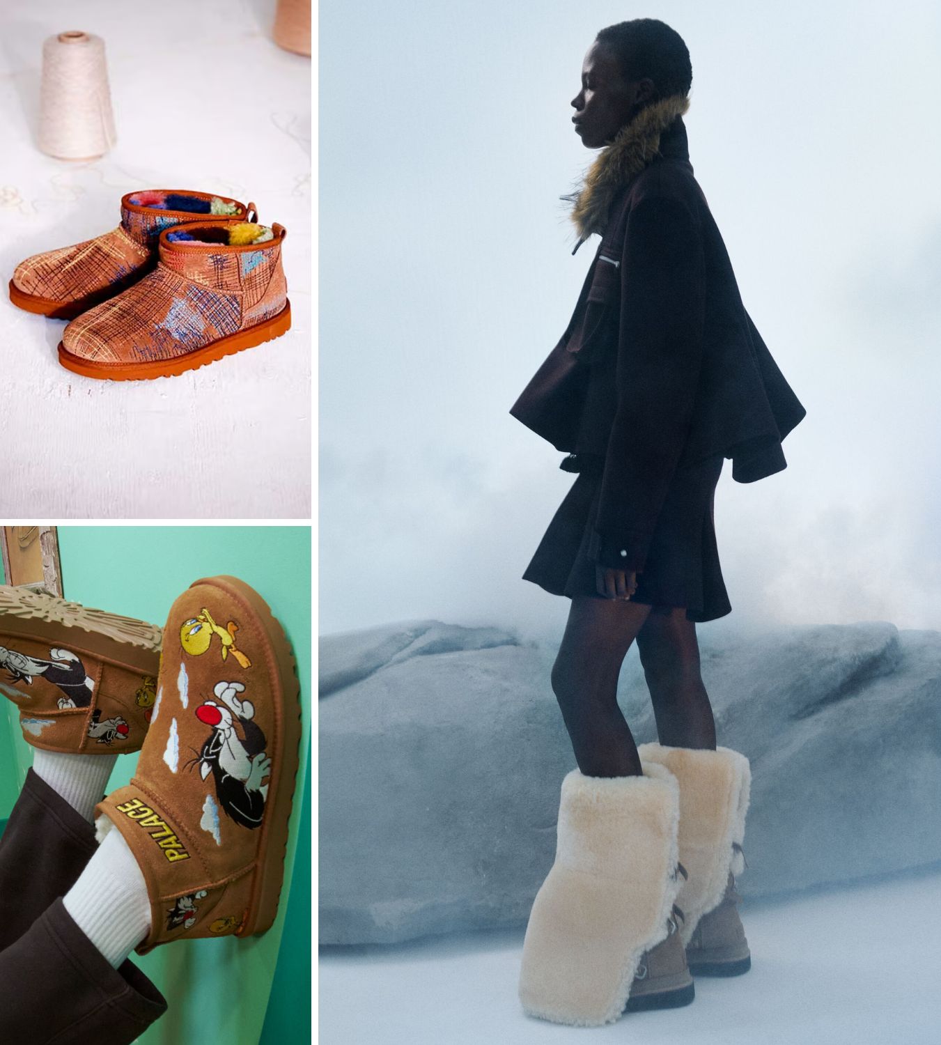 a collage of ugg collaboration campaigns with the elder statesman, palace and sacai