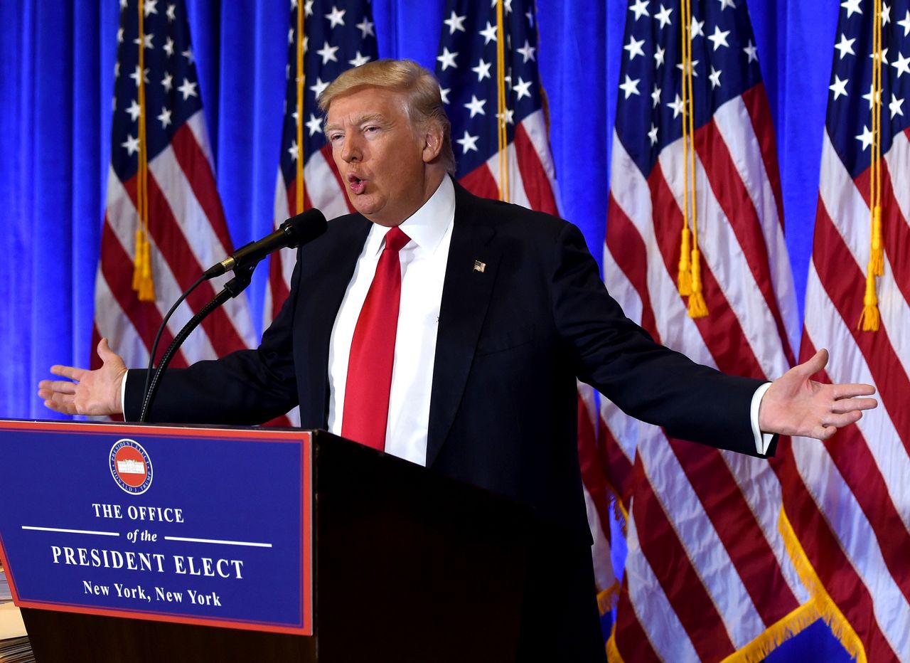 Donald Trump speaks at a press conference at Trump Tower