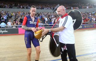 Bradley Wiggins of Great Britain and Team Wiggins leaves the track after breaking the UCI One Hour Record at Lee Valley Velopark Velodrome