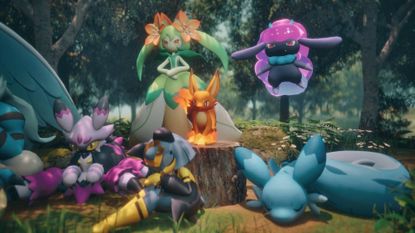 A screenshot from Palworld: Palfarm shows a group of Pals sat together in a forest.