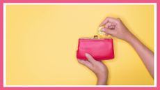 a pink coin purse on a yellow background