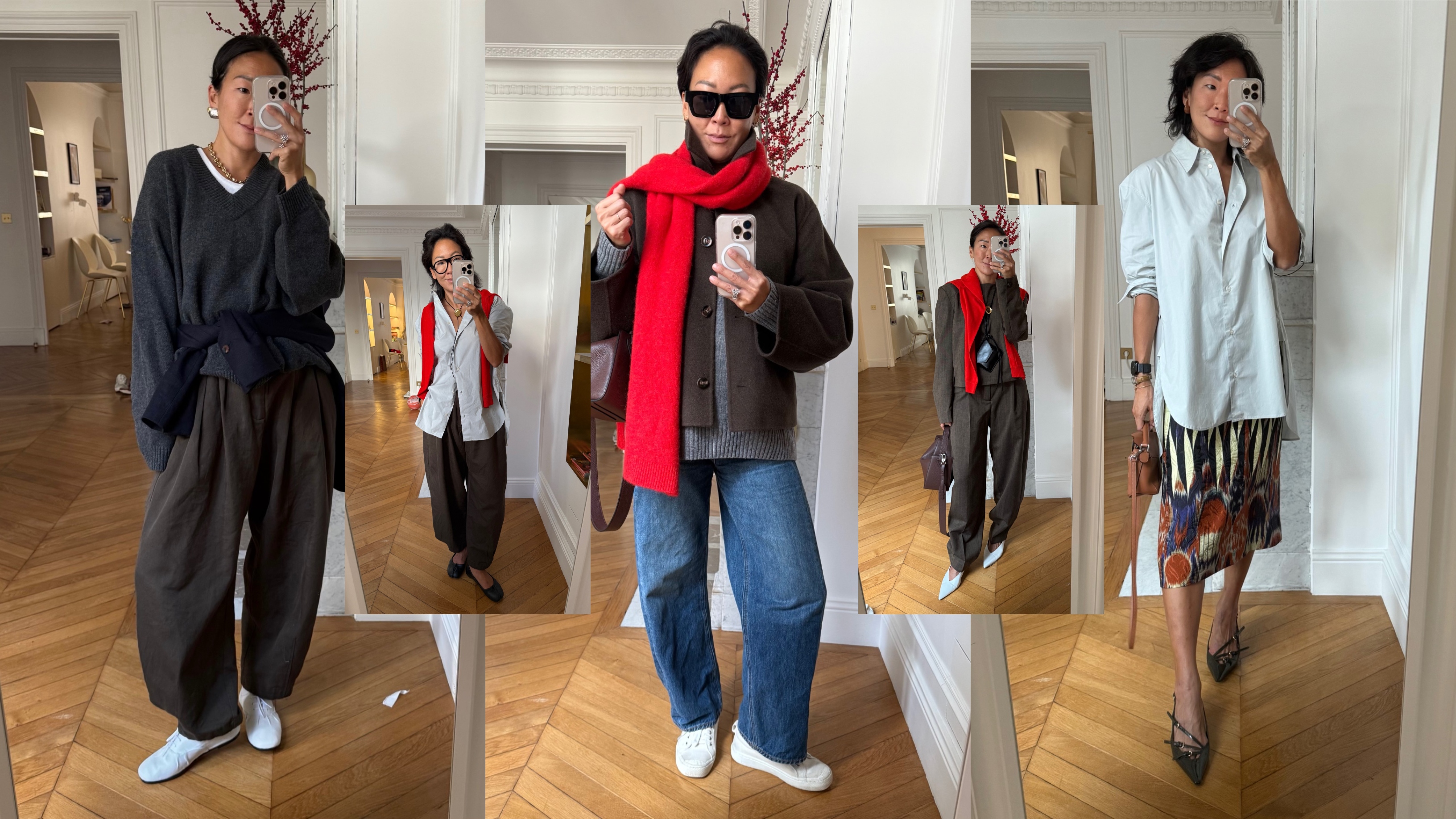 collage of Irene Kim wearing winter outfits 