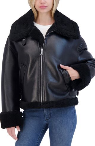 Faux Shearling Trimmed Faux Leather Jacket