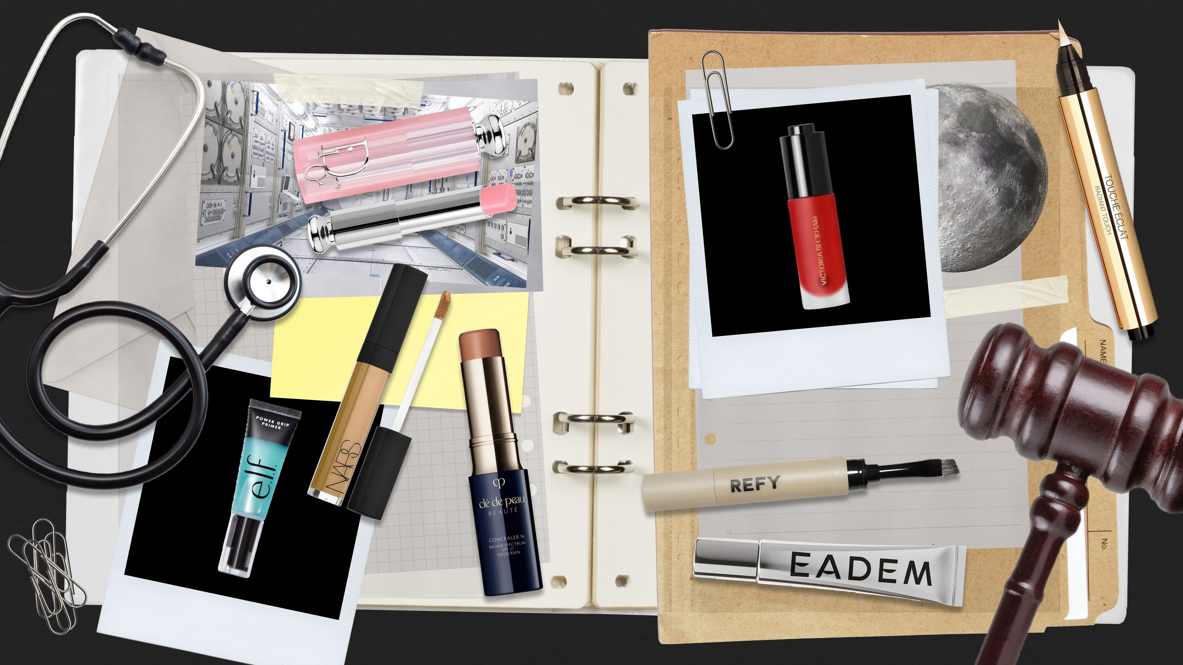 image of a binder with images of beauty products on it, in addition to a gavel and a stethoscope