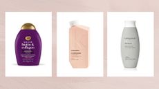 Collage of three of the best shampoos featured in this guide from OGX, Kevin Murphy and Living Proof, set against a pink watercolour-style background