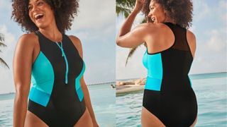 model showing front and back of zip front swimsuit with blue illusion panels