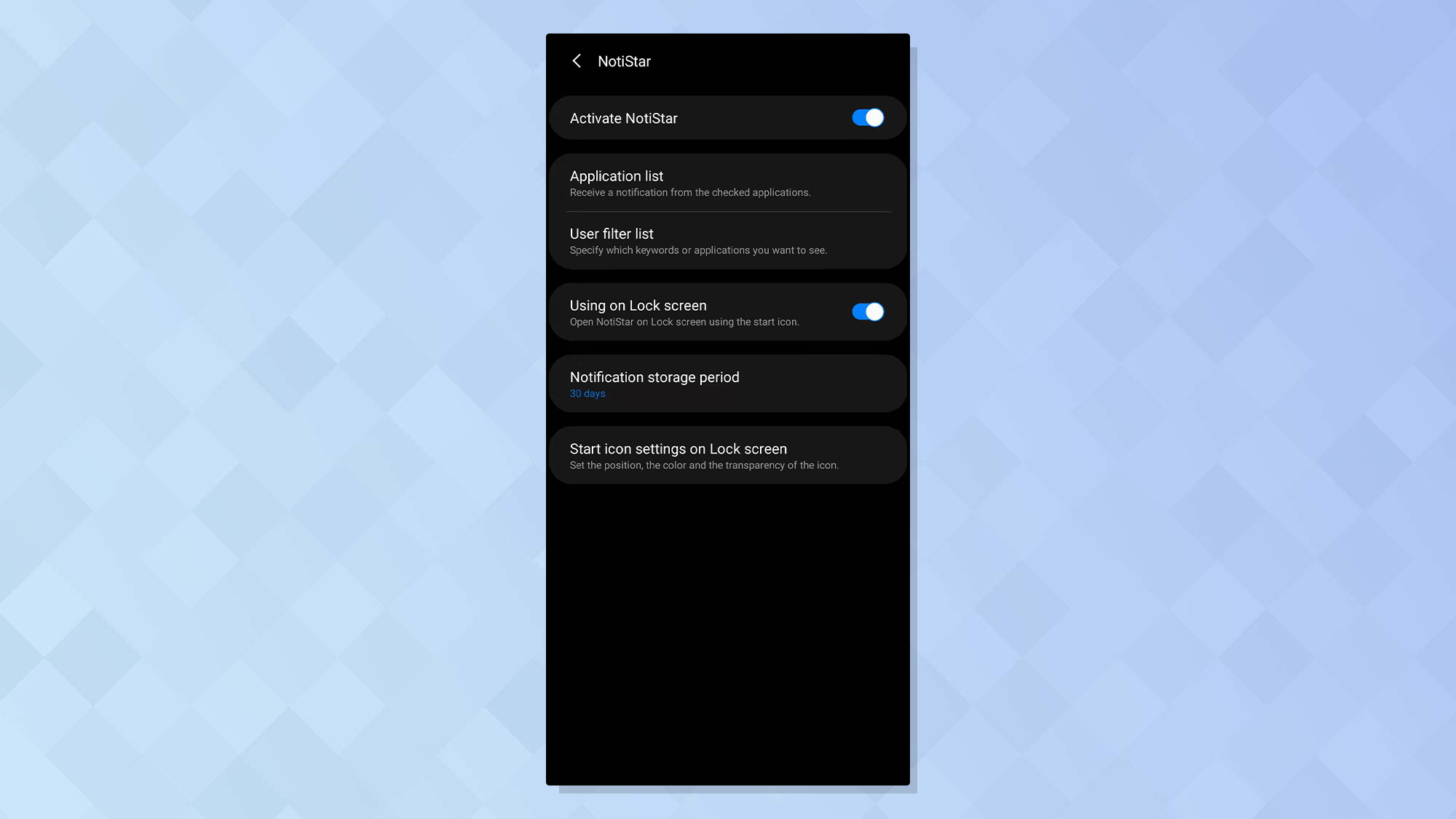 Screenshot of Samsung's GoodLock app showing the NotStar tool
