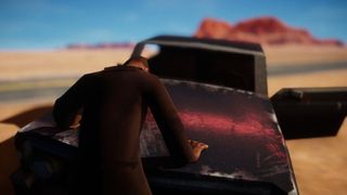 Character leaning on car in the desert