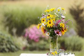 A bouquet of yellow, pink, and white wildflowers in a vase in a garden.