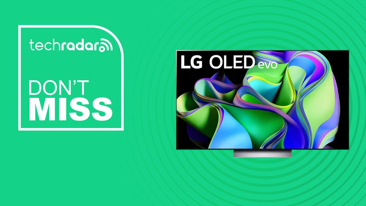 LG C3 OLED TV on green background with don&#039;t miss text overlay