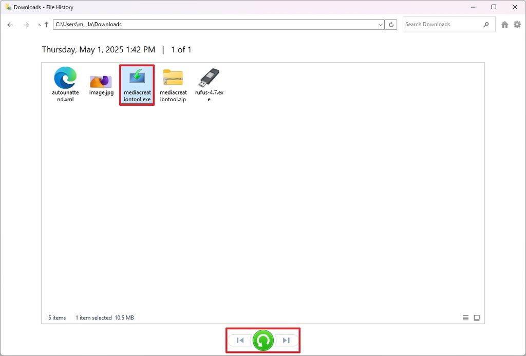 File History restore items