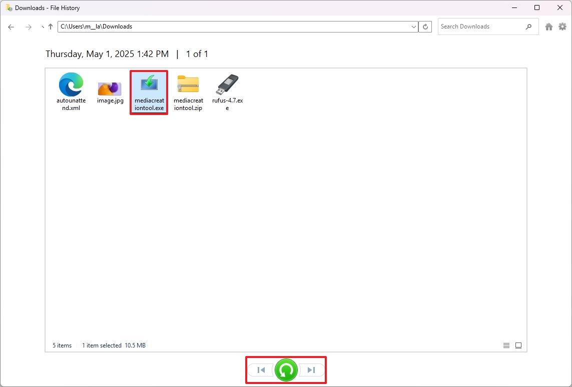 File History restore items