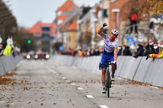 DE PANNE BELGIUM OCTOBER 21 Arrival Yves Lampaert of Belgium and Team Deceuninck QuickStep Celebration during the 44th Driedaagse Brugge De Panne 2020 Men Classic a 2026km race from Brugge to De Panne AG3daagse on October 21 2020 in De Panne Belgium Photo by Luc ClaessenGetty Images