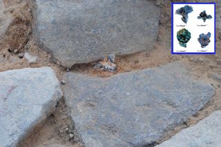 A view of paving stones discovered at the Roman military camp at Hermeskeil in Germany; a shoe nail from a Roman soldier can be seen between the stones (shoe nails shown in inset).