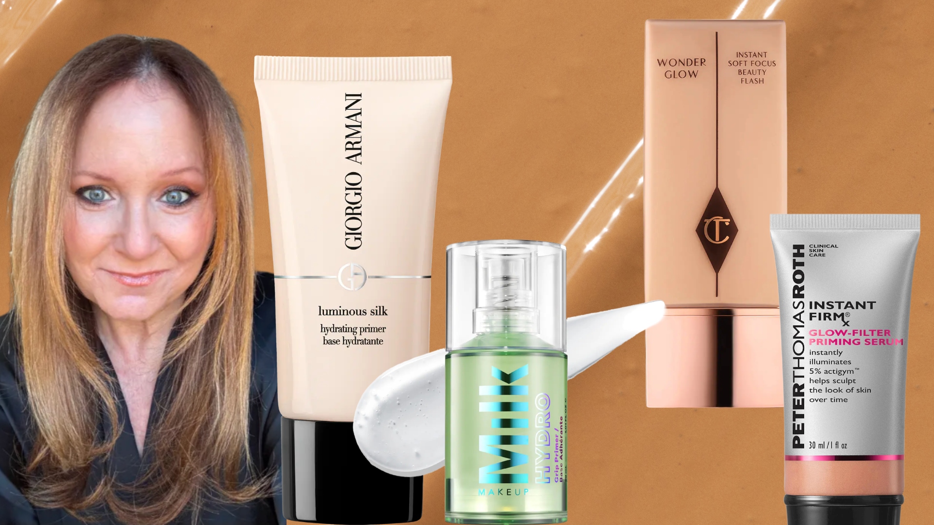 mature woman next to three primer products