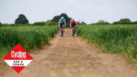 Two male cyclists sprinting against each other on gravel bikes