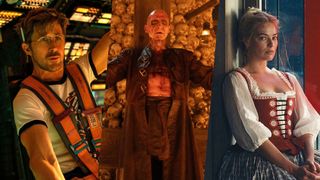 L-R: A composite image containing stills of Ryland Grace (Ryan Gosling) in the spaceship cockpit from "Project Hail Mary," Dr. Kelson (Ralph Fiennes) dressed as Satan in "28 Years Later: The Bone Temple", and Catherine Earnshaw (Margot Robbie) in Emerald Fennell's "Wuthering Heights" movie.