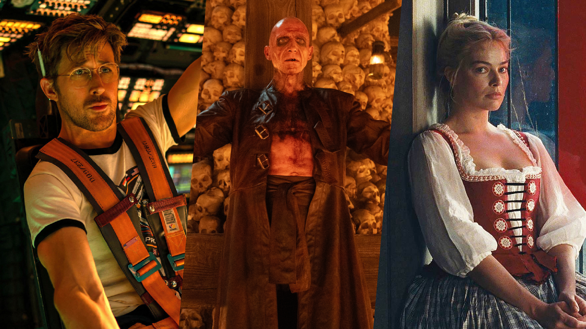 L-R: A composite image containing stills of Ryland Grace (Ryan Gosling) in the spaceship cockpit from "Project Hail Mary," Dr. Kelson (Ralph Fiennes) dressed as Satan in "28 Years Later: The Bone Temple", and Catherine Earnshaw (Margot Robbie) in Emerald Fennell's "Wuthering Heights" movie.