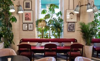 A restaurant with wooden tables, wooden chairs, burgundy sofa's, potted plants, wall shelves, wall paintings, wall lights and large windows.