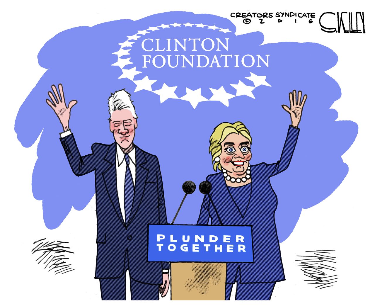 Political cartoon U.S. 2016 election Clinton Foundation Hillary Clinton Bill