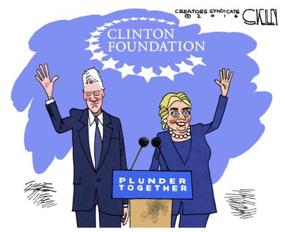 Political cartoon U.S. 2016 election Clinton Foundation Hillary Clinton Bill