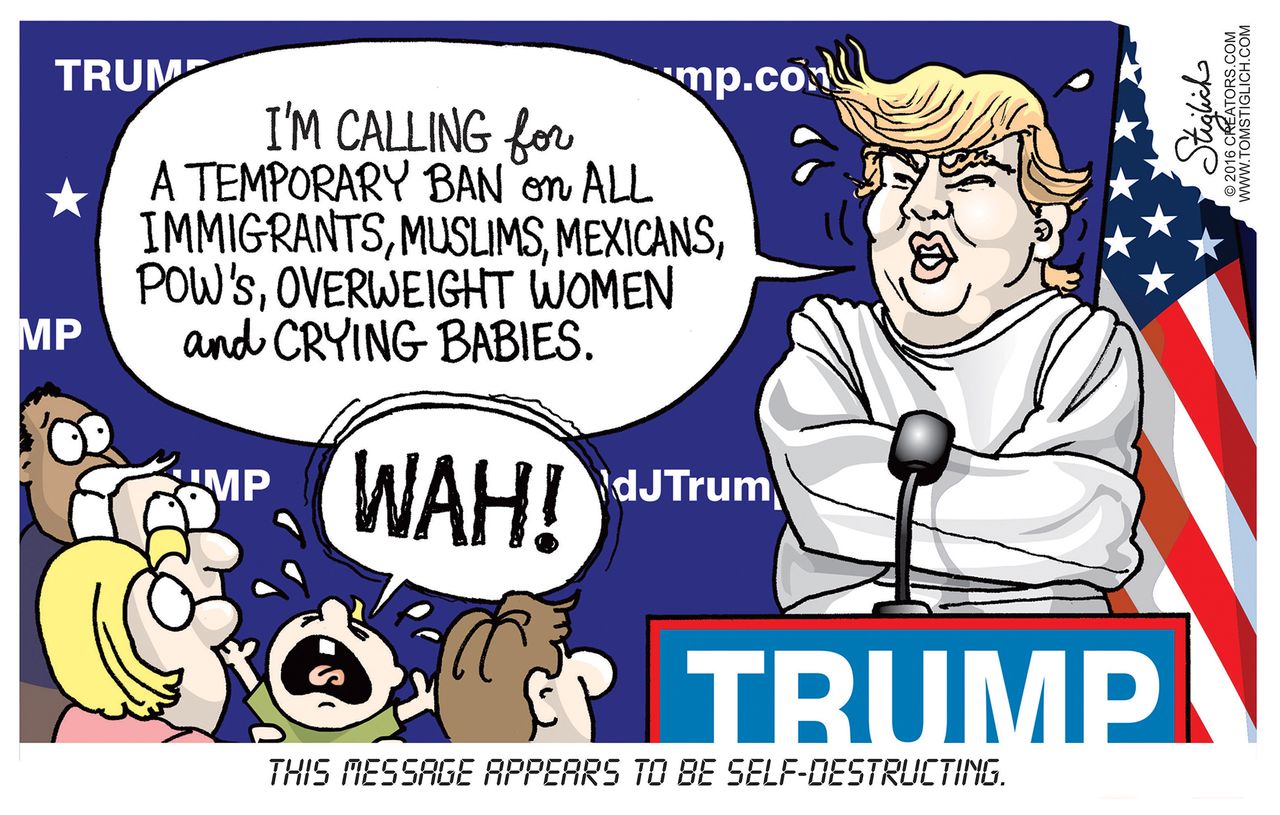 Political cartoon U.S. Donald Trump mental state bans self-destruction election