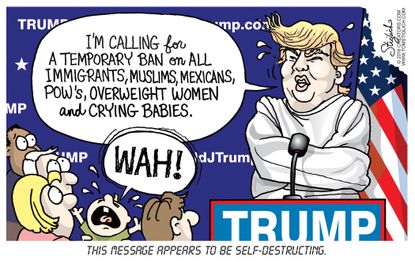 Political cartoon U.S. Donald Trump mental state bans self-destruction election