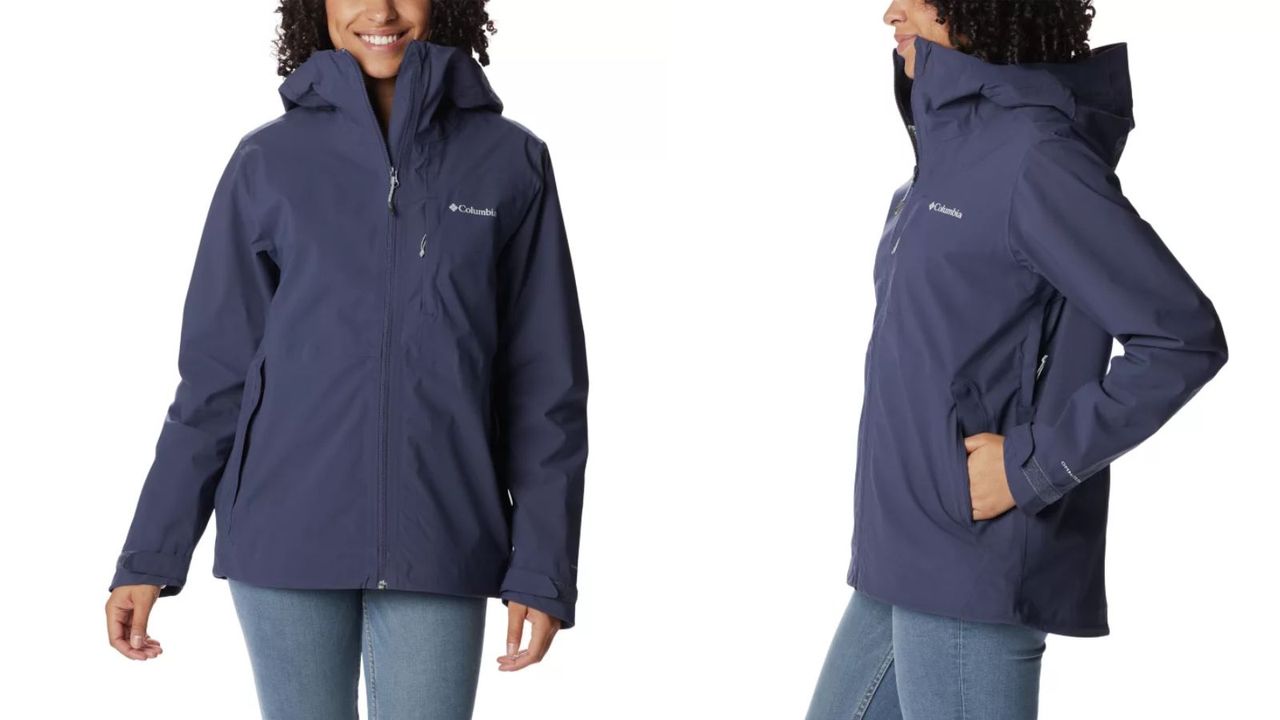 Composite image of a female model wearing the Columbia Women's Ampli-Dry II Waterproof Shell Walking Jacket in navy - front and side view