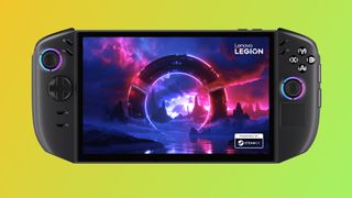A promotional image of Lenovo's Legion Go 2 handheld gaming PC, with Valve's SteamOS natively installed.