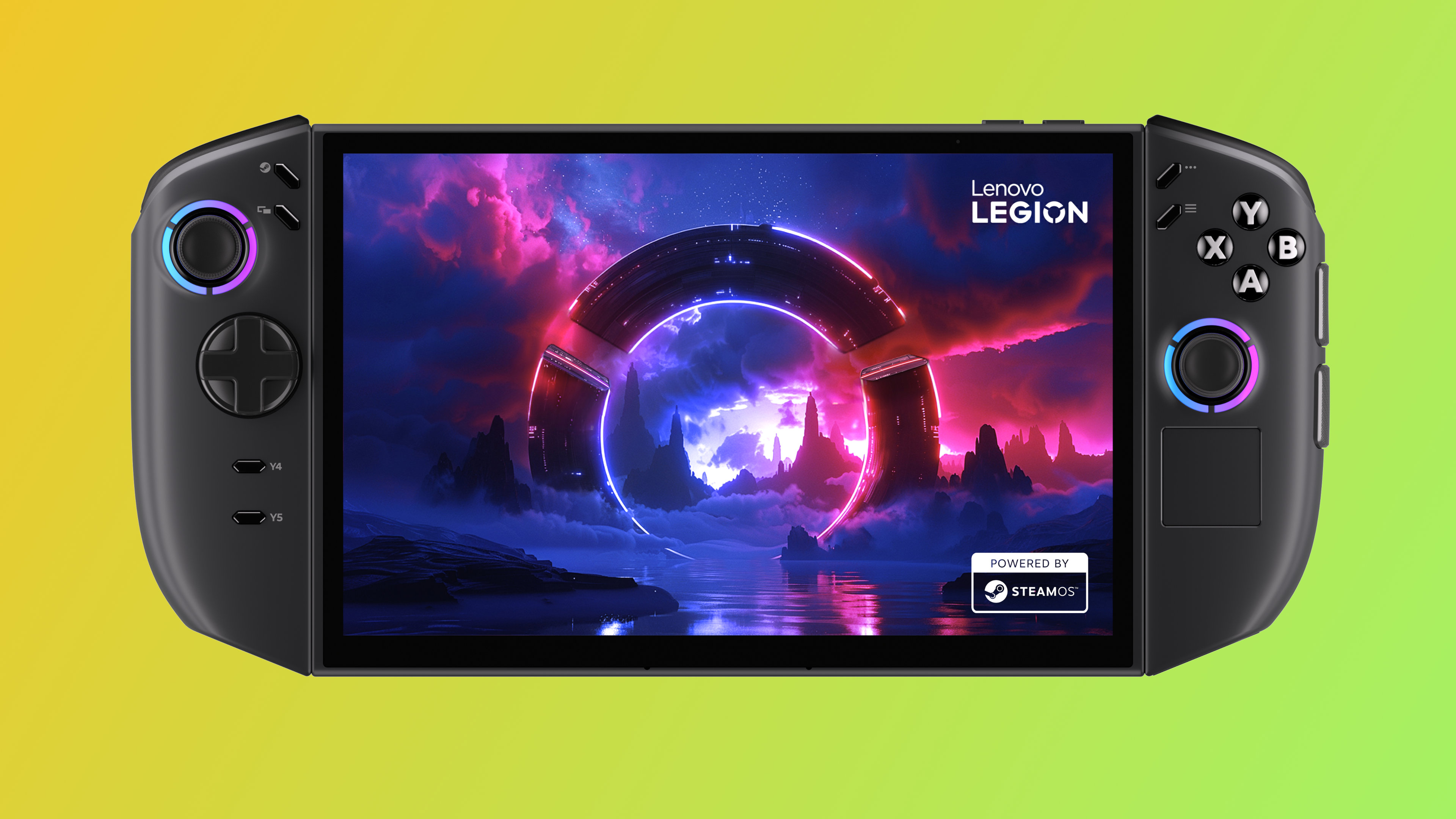 A promotional image of Lenovo's Legion Go 2 handheld gaming PC, with Valve's SteamOS natively installed.