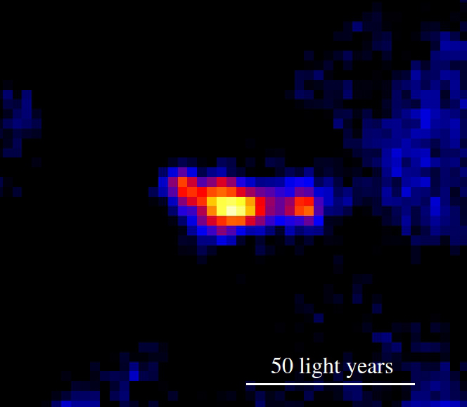 This view of the microquasar MQ1, a black hole in the galaxy M83, shows the strange object as it appeared to the Hubble Space Telescope's Wide Field Camera 3. Two lobes of hot gas, created by the pair of jets, are clearly visible on either side of the central source. Image released Feb. 27, 2014.