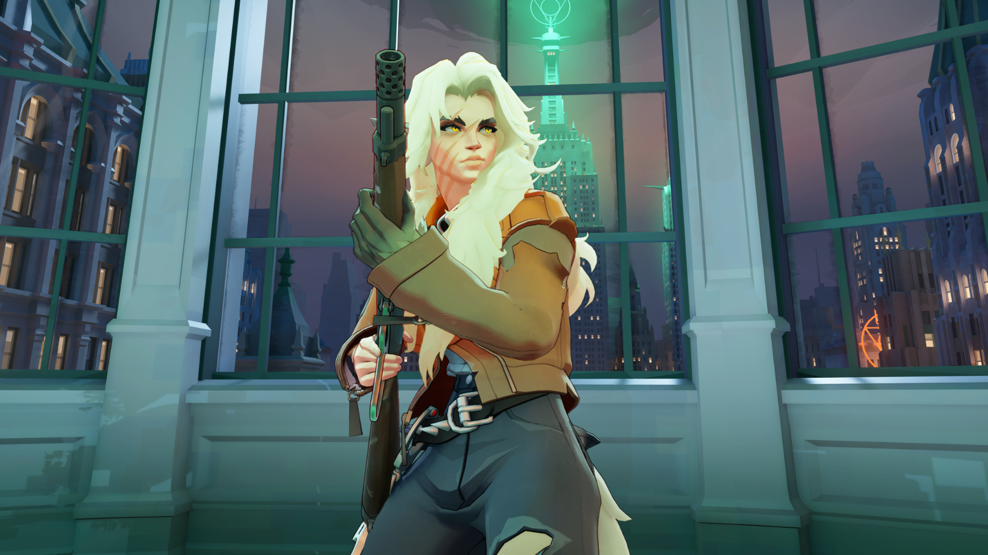 A screenshot of Deadlock character Silver. A woman holding a shotgun in a torn jacket looks upward while standing in front of a window overlooking a city.