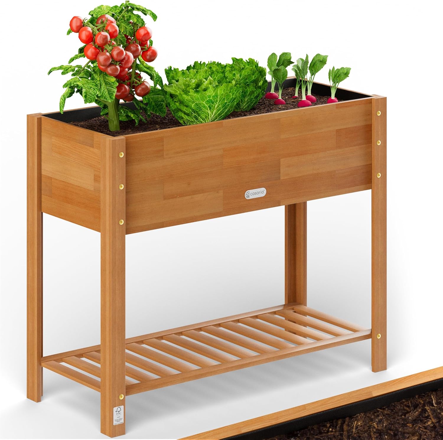 Casaria&amp;reg; Wooden Raised Bed Flower Pot Planter | Garden Trough | 100x40x84cm | Solid Fsc&amp;reg; Certified Acacia Wood | 2-Levels | Weatherproof | 2 Tier Shelf | Natural Brown