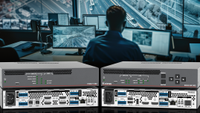Extron's enhanced FOX3 Fiber Platform superimposed over a control room. 