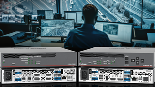 Extron's enhanced FOX3 Fiber Platform superimposed over a control room. 