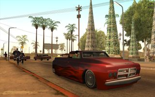 A drive-by shooting in Grand Theft Auto: San Andreas.
