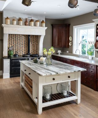 Farmhouse kitchen island with marble top