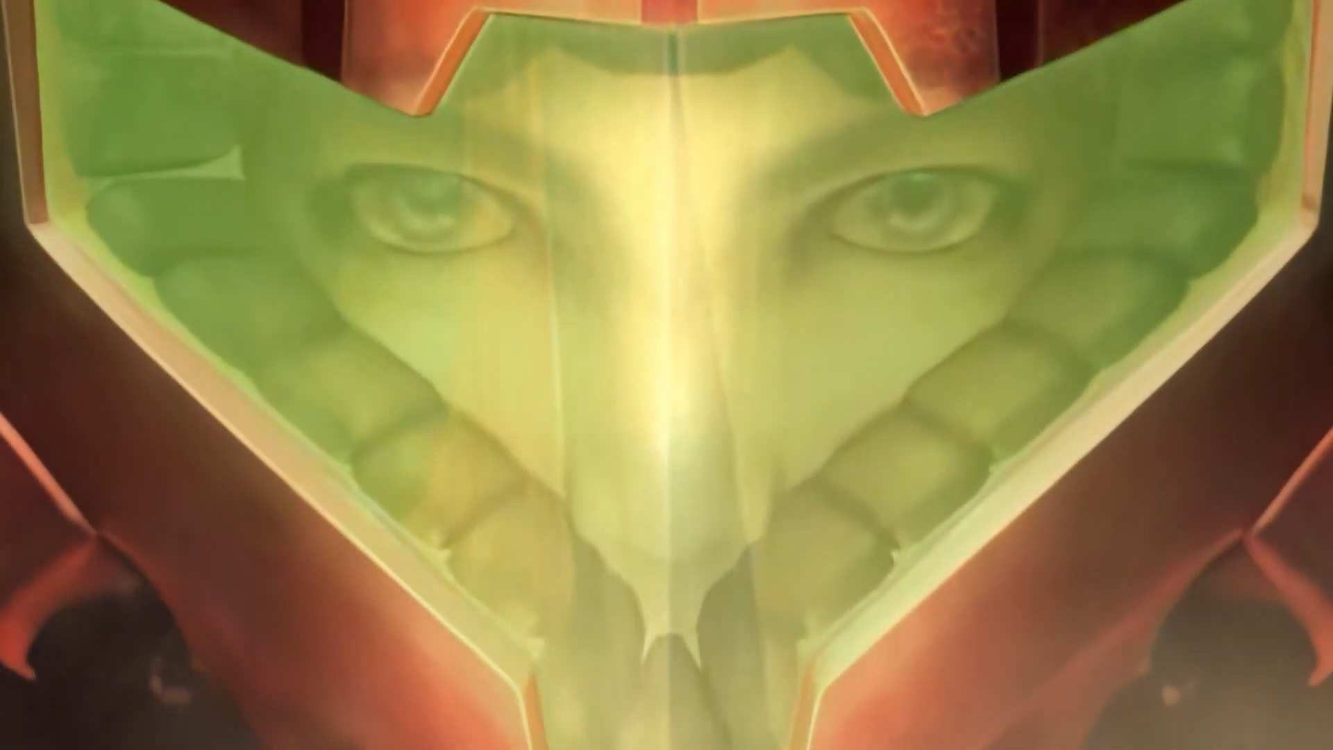 View of Samus' face through her helmet