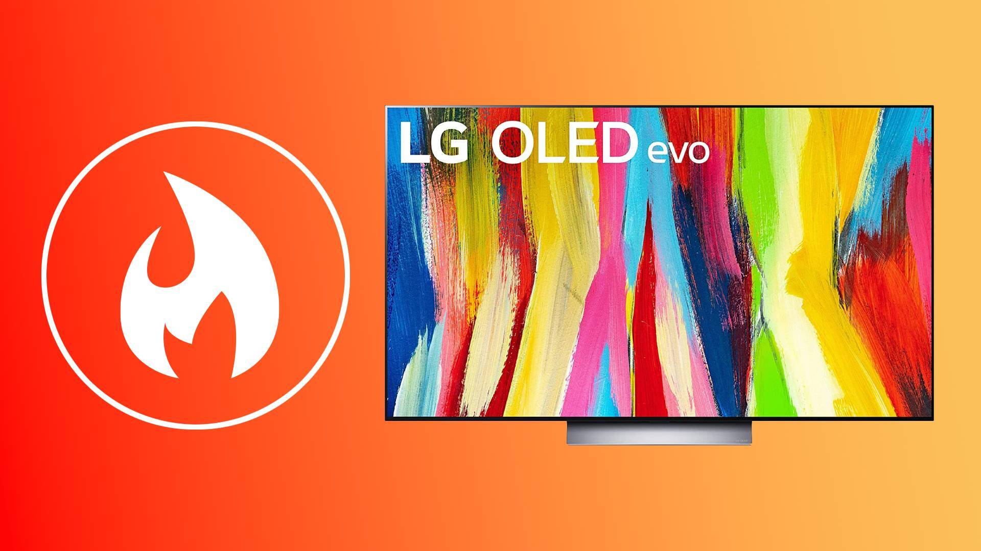 LG C2 OLED on orange background with hot symbol