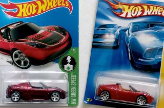 Mattel offered three red Hot Wheels Tesla Roadsters, including a "mainline" 2008 model, at right, and a 2016 Super Secret Treasure Hunt model with a metallic finish that was closer in color to the car that was launched into space in 2018.