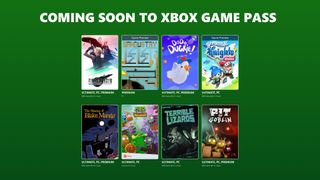 Green Xbox Game Pass promotional graphic announces upcoming games, showing eight colorful cover-art tiles against a dark green background. The tone is upbeat and playful.