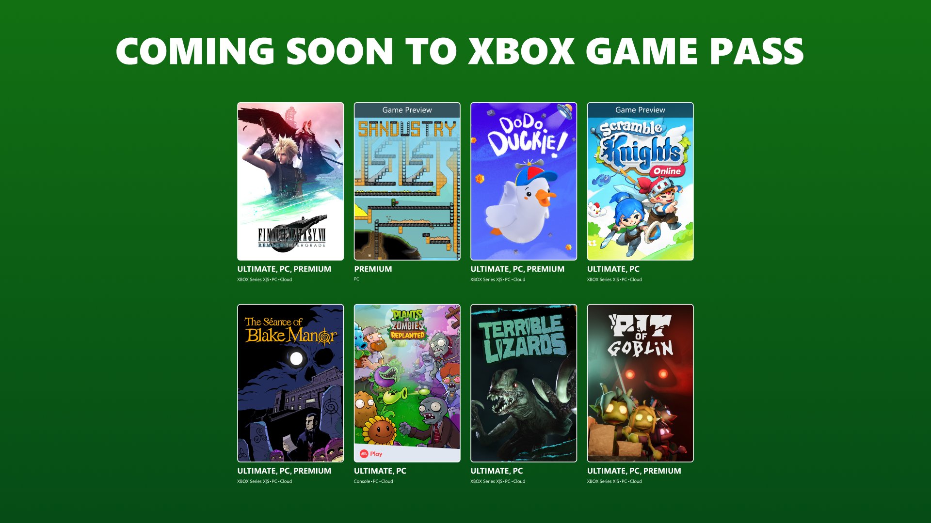 Green Xbox Game Pass promotional graphic announces upcoming games, showing eight colorful cover-art tiles against a dark green background. The tone is upbeat and playful.
