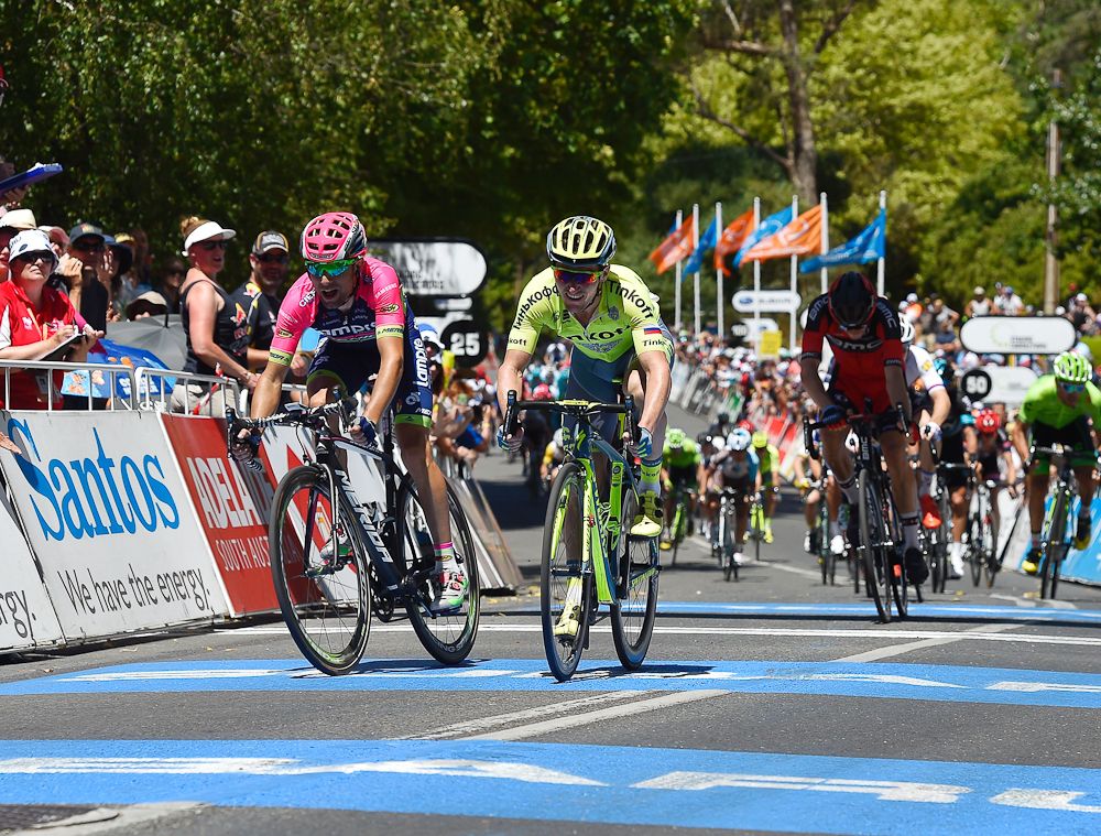 Diego Ulissi and Jay McCarthy cross the stage 2 finish line at Tour Down Under.