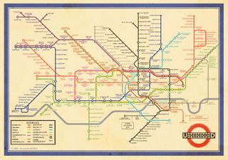 1933 London Tube map with simple colour-coded line diagram showing different routes across London.