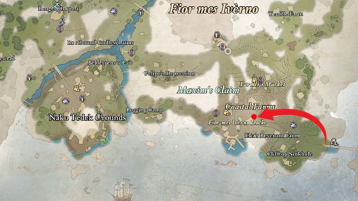 A map with an arrow pointing to where you first encounter Josep in Avowed.