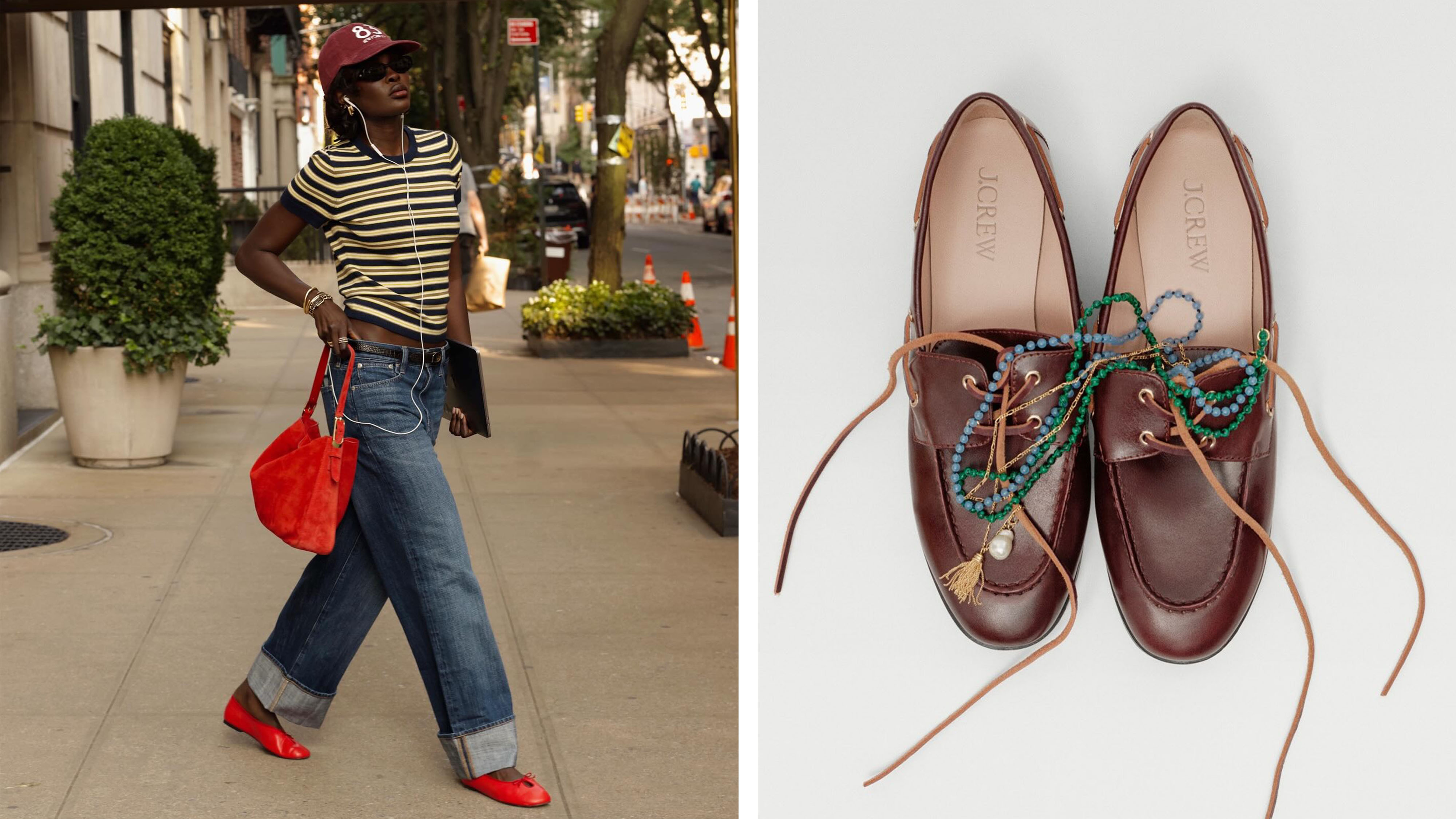 Woman in striped top, jeans, red bag, and red shoes.